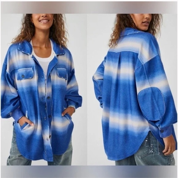 Free People NWT Ruby deep sea combo blue ombre striped oversized shacket jacket - Picture 1 of 5